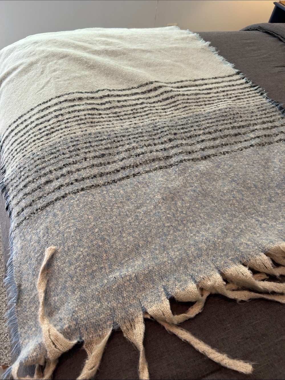 Two-Tone Fringe Wrap Scarf in Cream and Blue